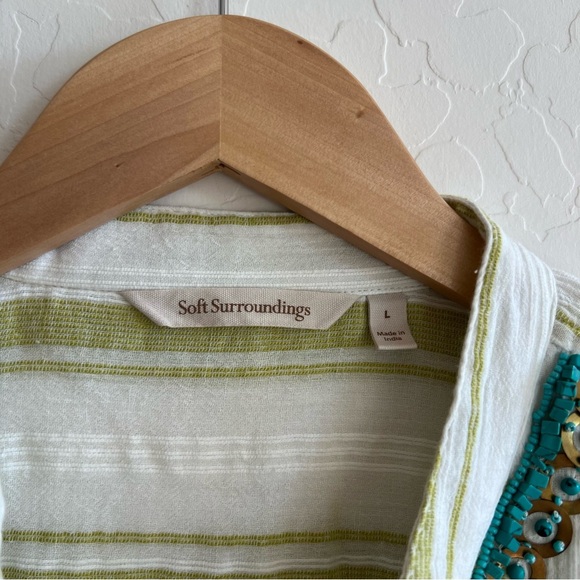 Soft Surroundings Elisha Tunic Green Striped Turquoise Bead Trim Gauze Top - Picture 5 of 7